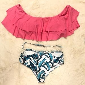 Floral Print Flounce Two piece Swimsuit High Waist